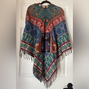 Wool Bohemian Patterned Fringe Poncho